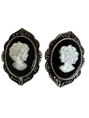 Earrings 925 SU Cameo Black Onyx And Marcasite Signed Jewelry